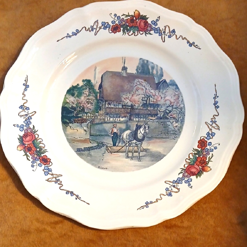 Floral Cabinet Plate with Scenic Design By Sarreguemines, France.